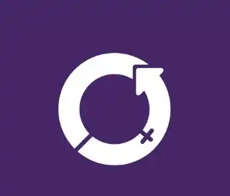 This photo contains the International Women’s Day logo. The logo is a thick, looping, arrowed circle with the female gender symbol at the inset. The background of the logo is purple, and the logo itself is white. 