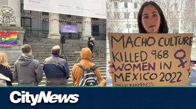 This image is a hyperlink to a news article by City News. The image includes pictures of event participants holding signs that read “macho culture killed 968 women in mexico in 2022.”