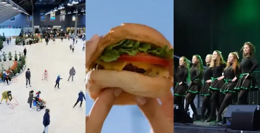 This image is a hyperlink to a news article by Daily Hive. The image contains three photos to describe the top things to do in Vancouver. The images are iceskaters, a burger, and a choir singing. 