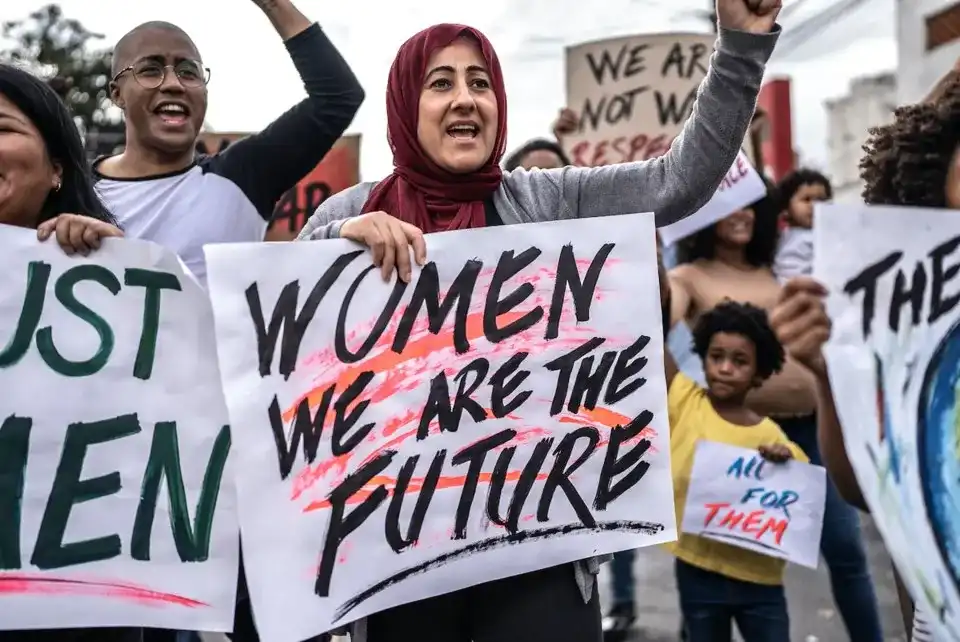 This image is a hyperlink to a news article by Vancouver is Awesome. The photo contains women in a march, all holding signs that read “Women, we are the future.” 