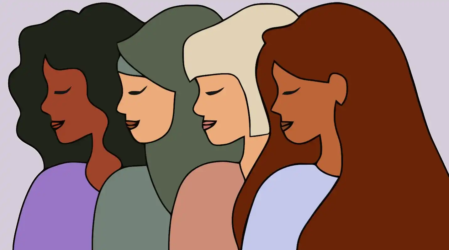 This is an illustration of four women. The four women have diverse skin tones, hair colours, hairstyles, and shirt colours. They are illustrated to be all facing to the left and their heads are slightly overlapping.
